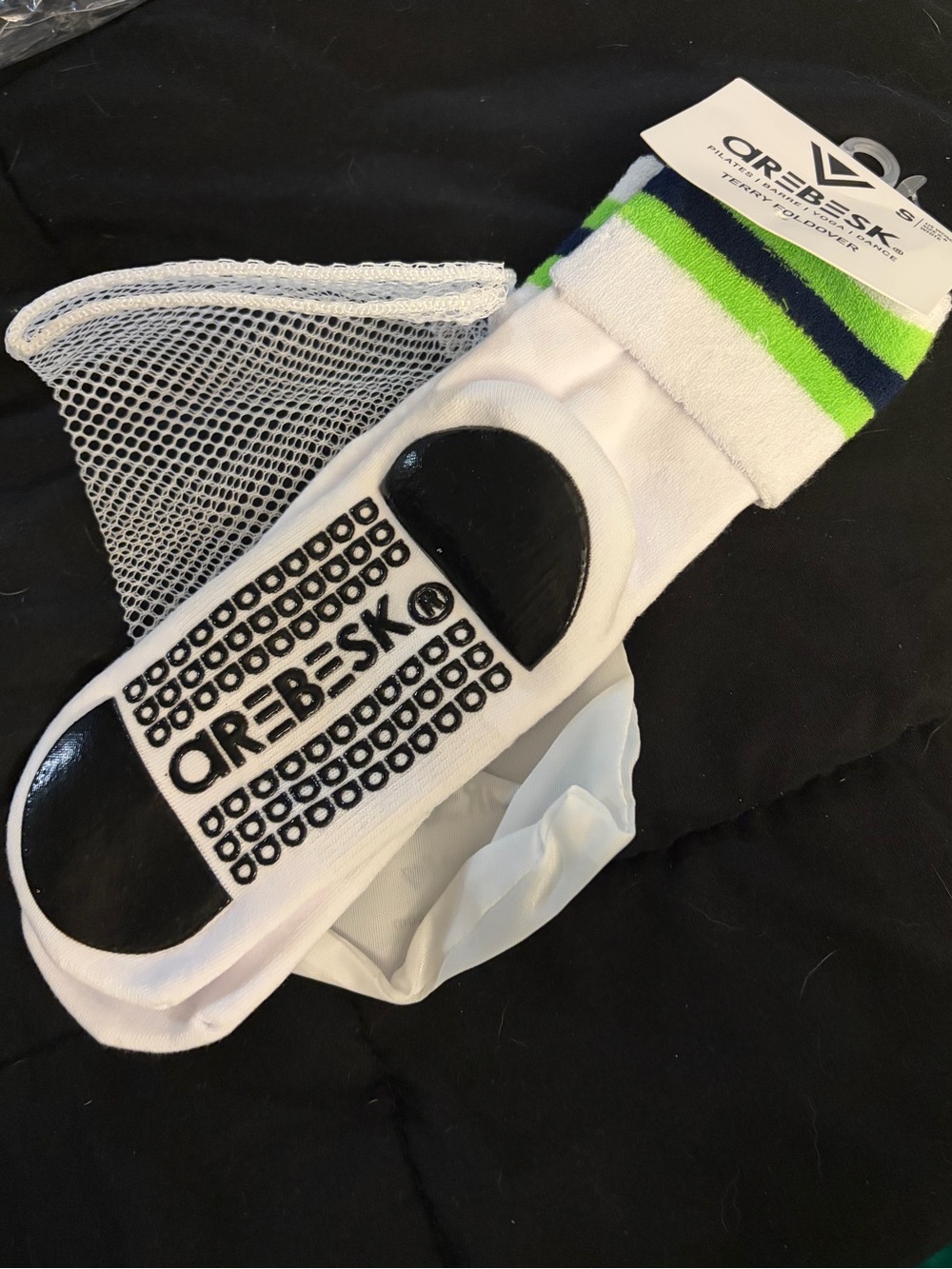 White Crew Athletic Socks with Green & Navy Stripes — Non-Slip